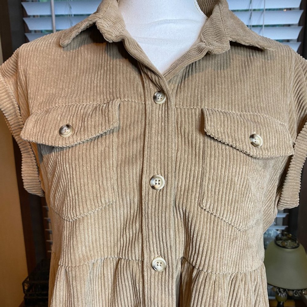 Tan Corduroy Collared Short Sleeve Tiered Dress womens M Mini Shirt Dress